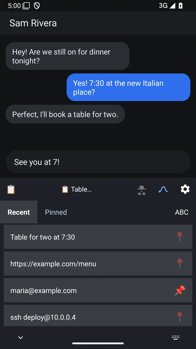 Clipboard panel with Recent and Pinned tabs listing copied text