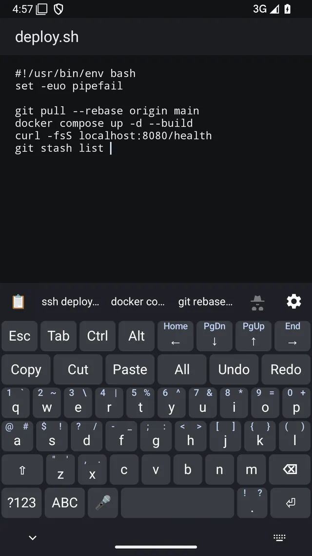 CodeShift Keyboard in code mode on a phone, with Esc, Tab, Ctrl and Alt keys, arrow keys and symbols on every letter key, under a shell script