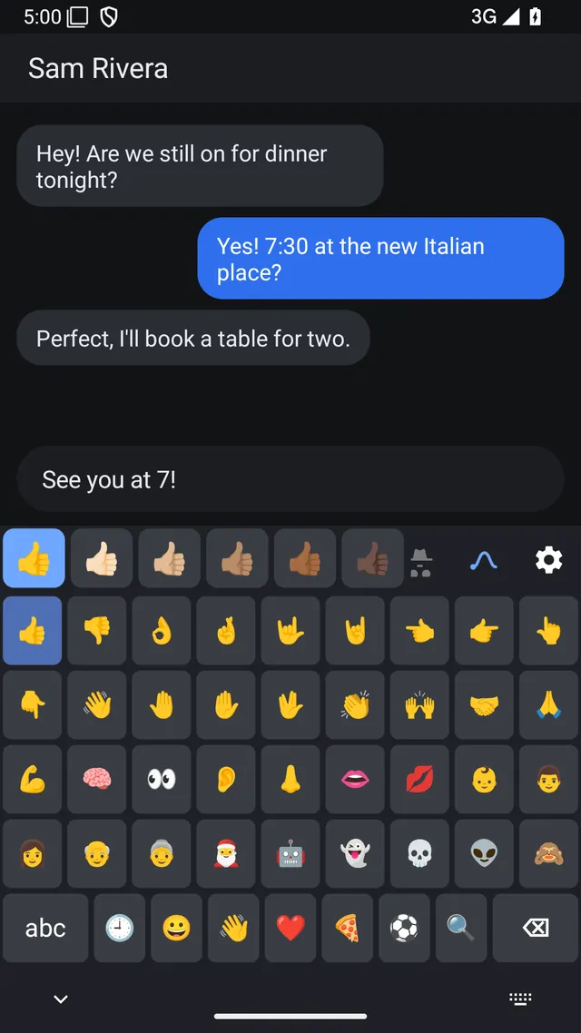 Emoji panel with skin tone choices and a search key