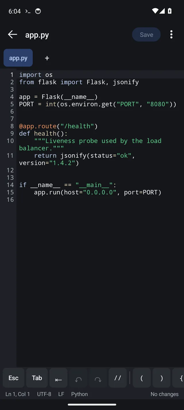 CodeShift Terminal editing a Python file with syntax highlighting, tabs and a row of code keys