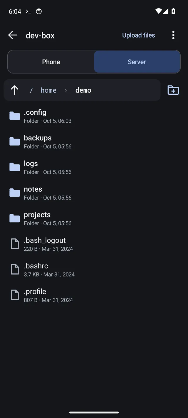 The file browser showing the server's home folder with a Phone and Server switch and an Upload files button