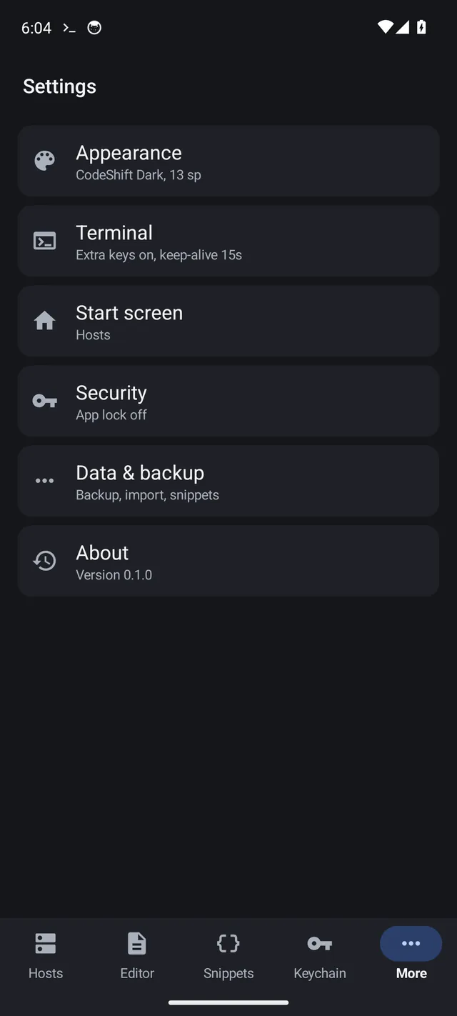 The Settings screen with Appearance, Terminal, Start screen, Security and Data and backup